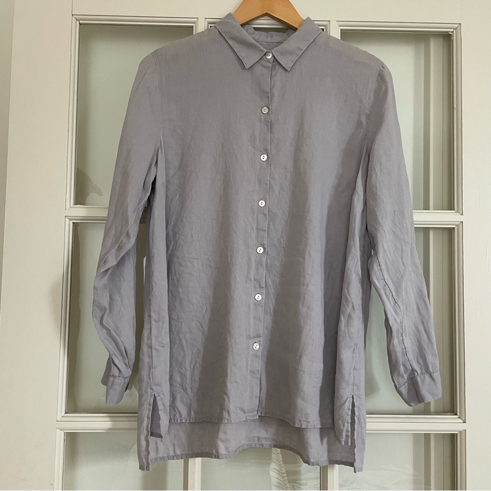J Jill Love Linen light cool grey long sleeve button up collared shirt women's M
